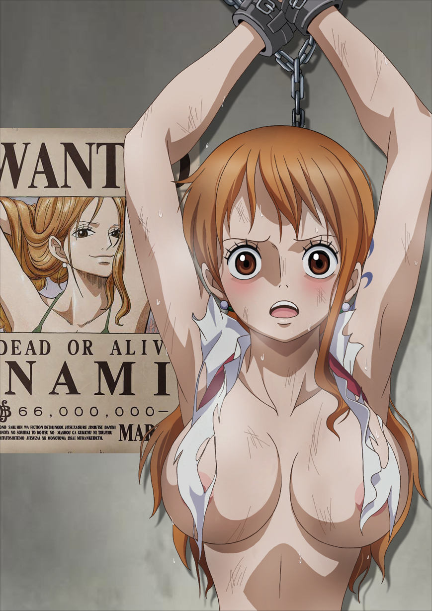 1girl abuse areolae arms_up artist_request blush bound bound_wrists breasts brown_eyes chains collarbone convenient_censoring earrings highres jewelry large_breasts looking_at_viewer nami_(one_piece) no_bra one_piece open_mouth orange_hair restrained solo sweat tongue torn_clothes wall wanted