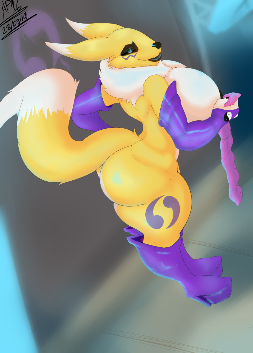 angrypotato96 anthro areola bedroom_eyes big_breasts breasts butt clothing condom curvaceous digimon digimon_(species) female footwear half-closed_eyes hi_res high_heels huge_breasts makeup platform_footwear platform_heels renamon seductive shoes smile solo standing thick_thighs wrapped_condom