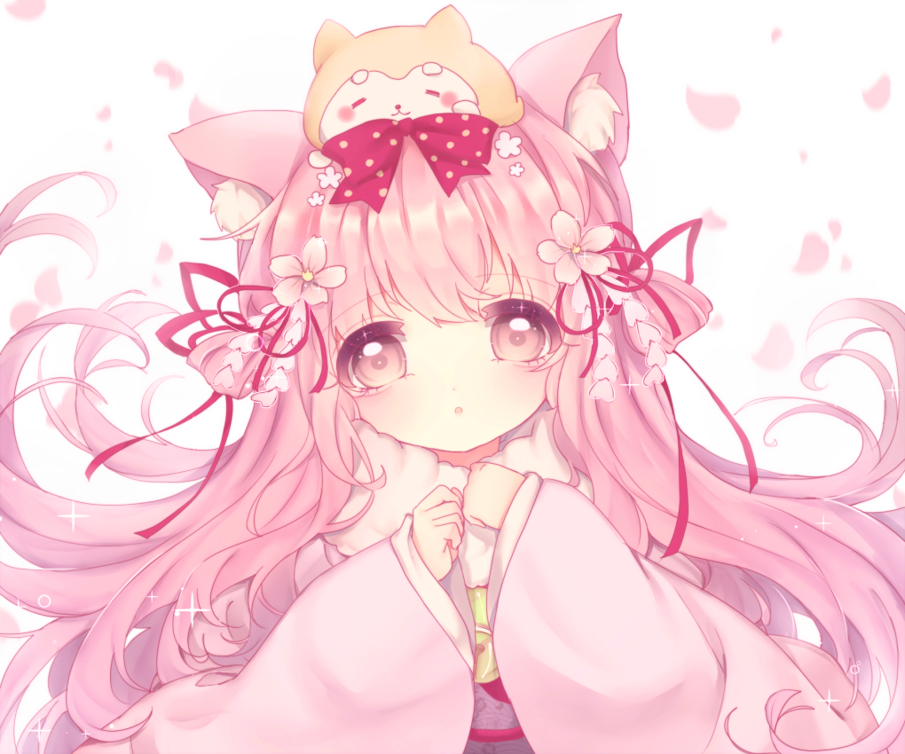 1girl animal animal_ear_fluff animal_ears animal_on_head azur_lane bangs bow cat_ears cherry_blossoms clenched_hands commentary_request dog dog_on_head eyebrows_visible_through_hair flower fur_collar hair_bow hair_flower hair_ornament hair_ribbon japanese_clothes kimono kisaragi_(azur_lane) long_hair long_sleeves obi on_head petals pink_bow pink_eyes pink_flower pink_hair pink_kimono pink_sash polka_dot polka_dot_bow ribbon sash shiba_inu sidelocks solo very_long_hair white_background wide_sleeves yorica