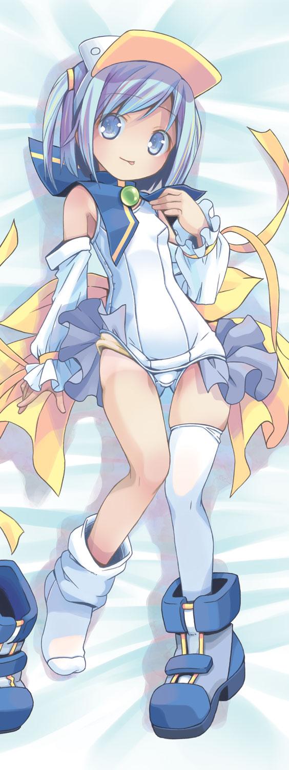 1girl :p blue_eyes blue_footwear blue_hair boots dakimakura detached_sleeves footwear_removed full_body hat highres loose_thighhigh lying magical_girl moetan nijihara_ink on_back one-piece_swimsuit pastel_ink pop_(electromagneticwave) school_swimsuit short_hair single_boot smile solo swimsuit thigh_gap thighhighs tongue tongue_out two_side_up visor_cap white_legwear white_school_swimsuit white_swimsuit