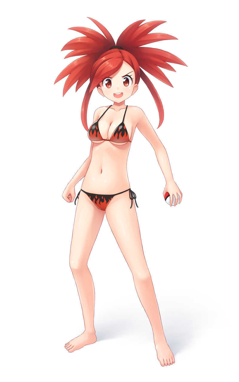 1girl aposine asuna_(pokemon) barefoot bikini breasts creatures_(company) flame_print full_body game_freak gym_leader highres holding holding_poke_ball long_hair looking_at_viewer medium_breasts midriff navel nintendo open_mouth poke_ball pokemon pokemon_(game) pokemon_rse red_eyes red_hair side-tie_bikini simple_background smile solo standing swimsuit white_background