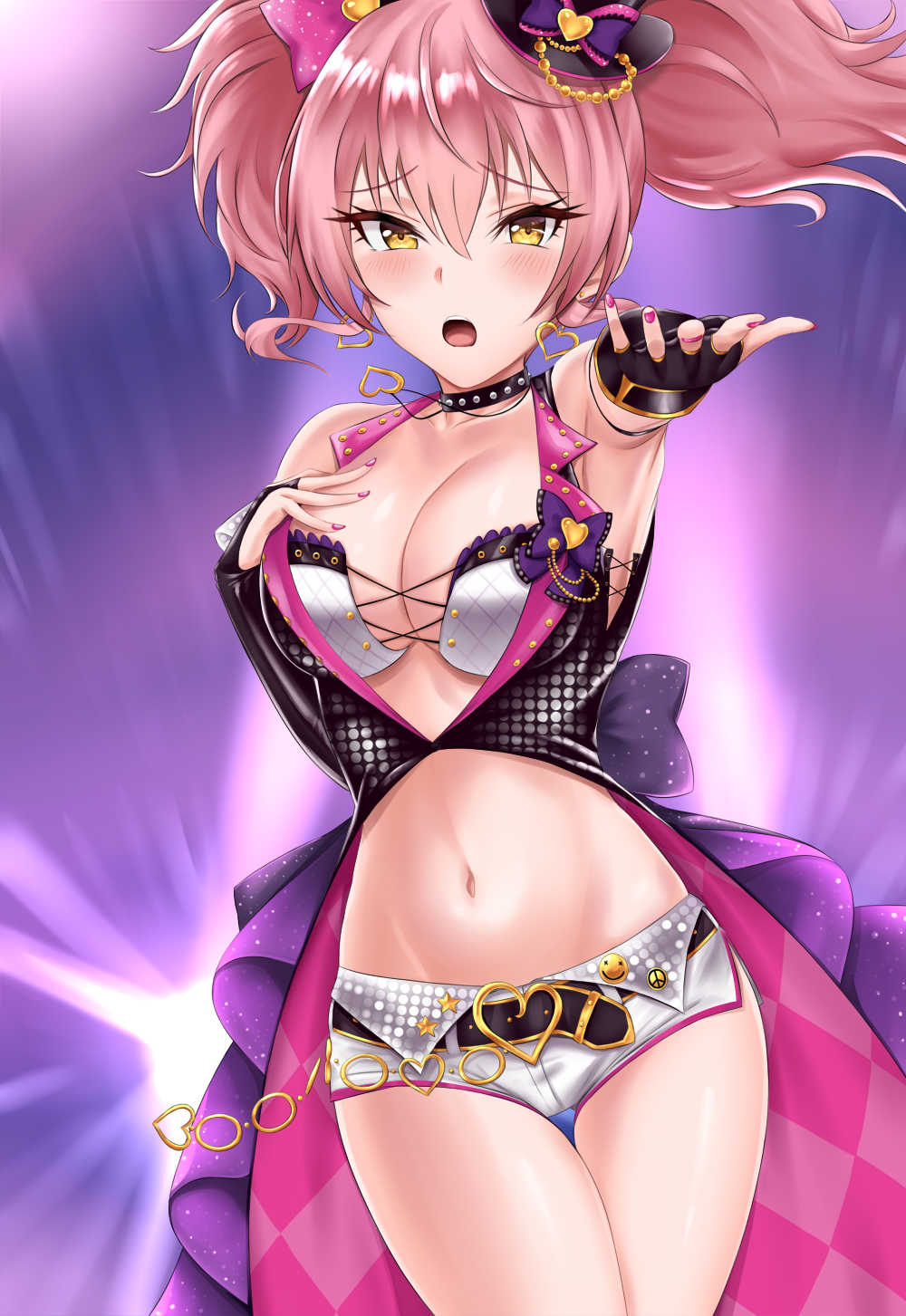 1girl bangs bare_shoulders belt blush bow breasts chains cleavage coattails crimecrime earrings eyelashes hair_between_eyes hair_bow hand_on_own_chest hat highres hip_focus idolmaster idolmaster_cinderella_girls idolmaster_cinderella_girls_starlight_stage jewelry jougasaki_mika large_breasts long_hair looking_at_viewer mini_hat navel necklace open_mouth outstretched_arm pink_hair shorts solo thighs white_shorts yellow_eyes