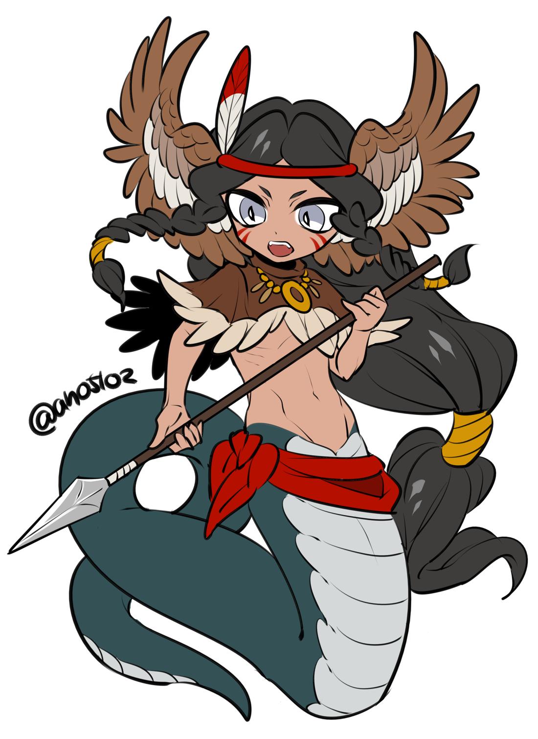 1girl ano5102 black_hair braid dark_skin facial_mark feather female flat_chest head_wings headband highres lamia long_hair low-tied_long_hair monster_girl native_american navel open_mouth original polearm ribs shawl simple_background solo spear tribal twitter_username weapon white_background