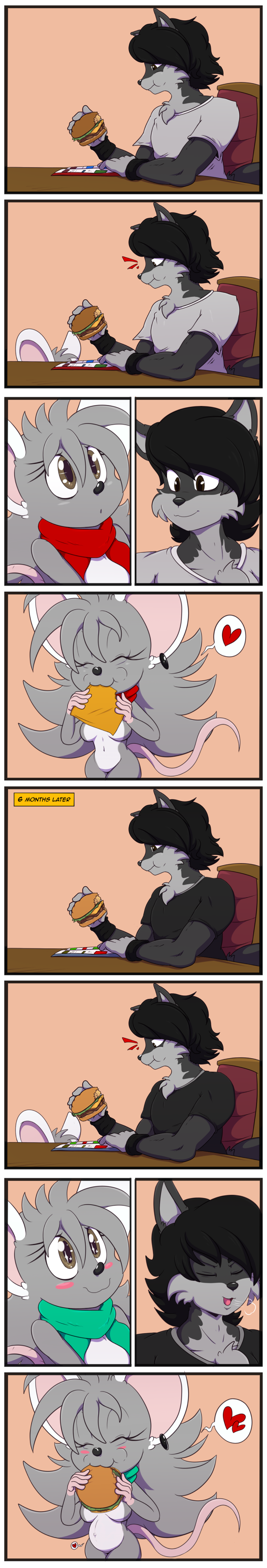 2019 absurd_res anthro bianra_rat bigdon1992 burger canid canine canis clothed clothing comic digital_media_(artwork) don_wolf duo female food hi_res male male/female mammal nyurora nyuroraxbigdon pregnant rat rodent simple_background smile wolf