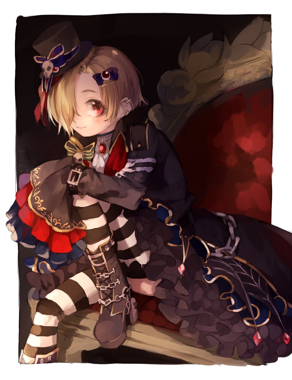 1girl blonde_hair blush boots border bow brooch chains chair ear_piercing eyeball_hair_ornament frilled_skirt frilled_sleeves frills hair_bow hair_over_one_eye hat hat_ribbon highres idolmaster idolmaster_cinderella_girls idolmaster_cinderella_girls_starlight_stage jacket jewelry looking_at_viewer mini_hat piercing red_eyes ribbon shirasaka_koume short_hair sitting skirt skull sleeves_past_fingers sleeves_past_wrists smile solo striped striped_legwear thighhighs top_hat white_border yoyoyo_(dxayo)