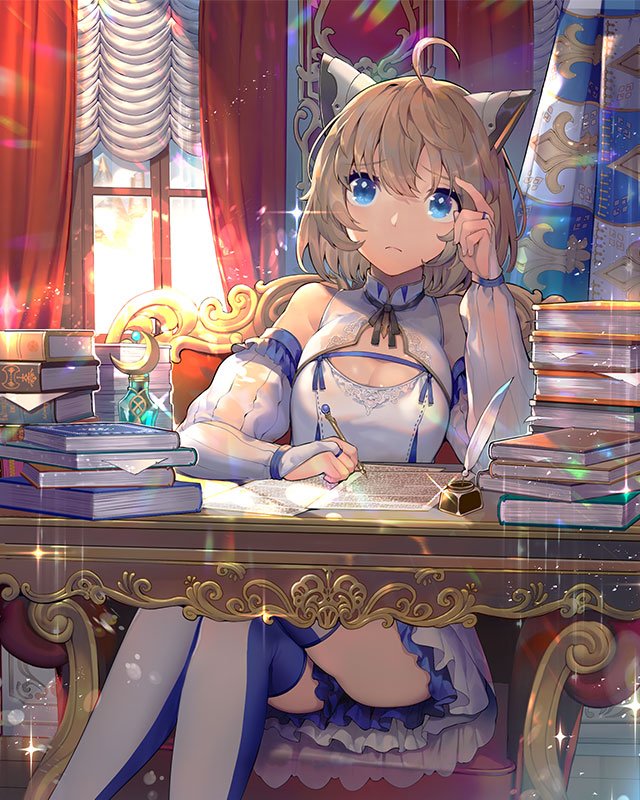 1girl ahoge armchair artist_request bangs bare_shoulders blue_eyes blush book_stack breasts bridal_gauntlets chair cleavage cleavage_cutout closed_mouth commentary_request curtains day dress eyebrows_visible_through_hair frilled_dress frills hair_between_eyes hand_up headgear holding holding_pen indoors inkwell legs_crossed lost_crusade medium_breasts pen quill short_hair sitting solo sparkle table tareme thighhighs thinking two-tone_legwear white_dress