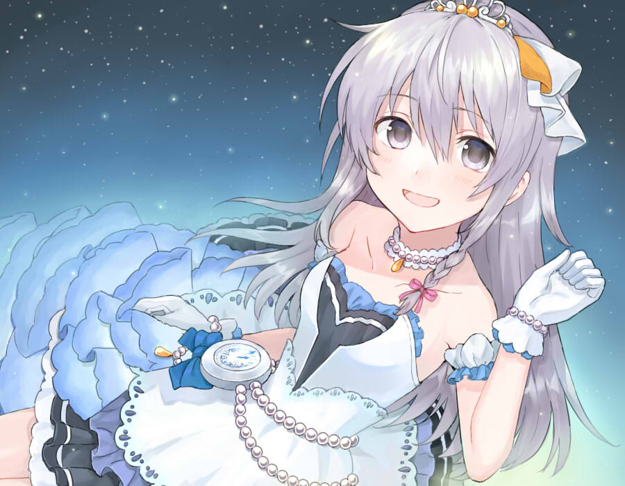 1girl :d arm_strap bracelet braid choker collarbone diadem dress eyebrows_visible_through_hair gloves grey_eyes hair_between_eyes hatami_(zyuden) hoshi_shouko idolmaster idolmaster_cinderella_girls jewelry layered_dress long_hair looking_at_viewer open_mouth shiny shiny_hair short_dress side_braid silver_hair single_braid sky sleeveless sleeveless_dress smile solo star_(sky) starry_sky starry_sky_bright strapless strapless_dress very_long_hair white_dress white_gloves