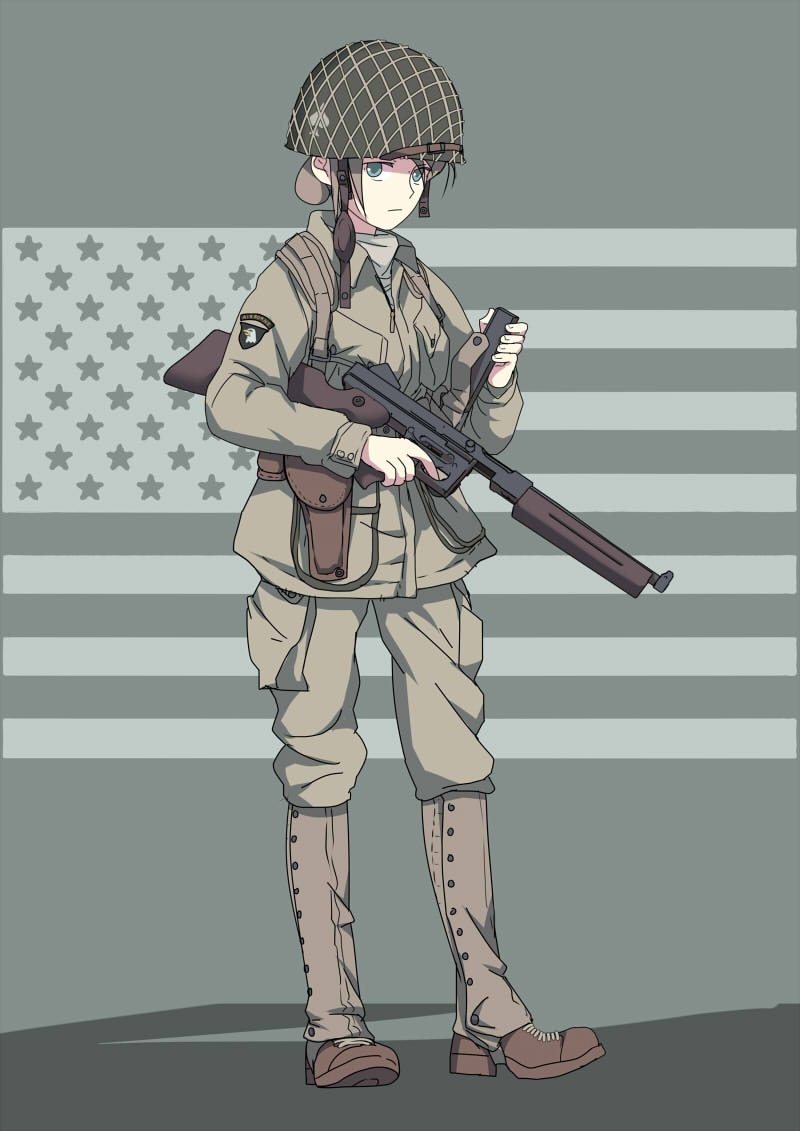 1girl american_flag blue_eyes commentary english_commentary etmc1992 finger_on_trigger full_body gun holding holding_gun holding_weapon m1_helmet military military_uniform original soldier solo submachine_gun thompson_submachine_gun uniform us_army weapon