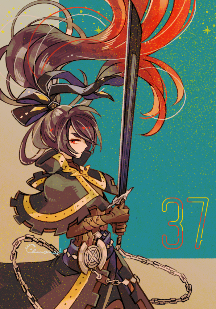 big_hair capelet chains character_counter_request character_request chimame_(c55mm) closed_mouth collared_capelet from_side gradient_hair high_collar holding holding_sword holding_weapon long_hair looking_at_viewer megido72 multicolored_hair number profile sideways_glance solo standing sword thick_eyebrows v-shaped_eyebrows very_long_hair weapon