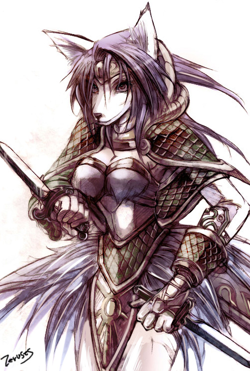 1girl absurdly_long_hair animal_ear_fluff animal_ears armor ayatosan big_hair boots breasts cleavage closed_mouth collarbone colored_eyelashes ears eyebrows eyelashes face fur fur_collar fur_trim furry gloves graphite_(medium) holding holding_knife holster knife long_hair looking_at_viewer purple_eyes purple_hair sheath sheathed shoulder_armor sierra simple_background solo tail traditional_media very_long_hair weapon white_background wolf_ears wolf_girl wolf_tail