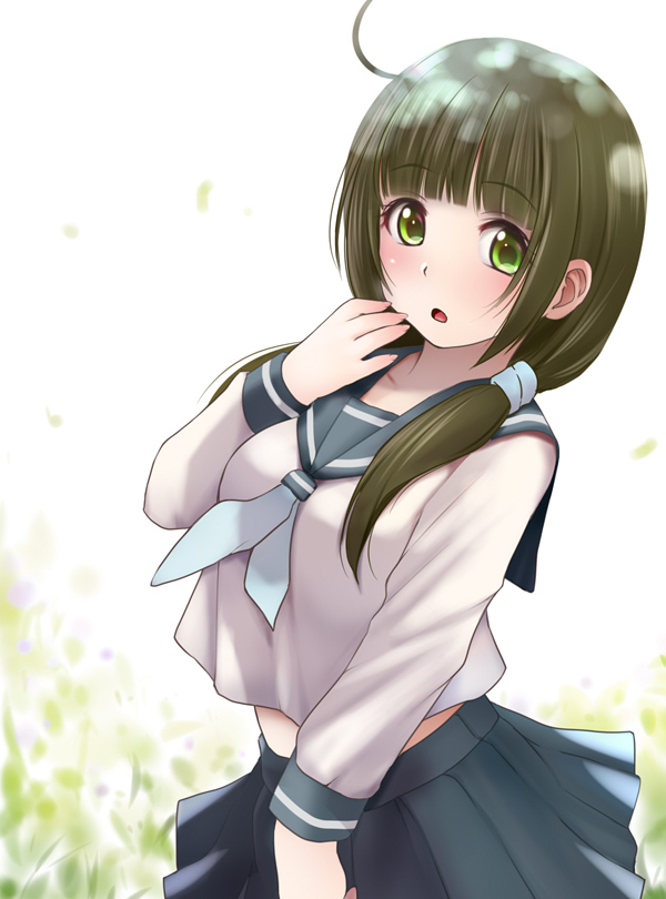 1girl ahoge bangs blue_neckwear blue_sailor_collar blue_skirt blunt_bangs blush breasts brown_hair character_request commentary_request eyebrows_visible_through_hair fingernails green_eyes hair_over_shoulder hand_up kozue_akari long_hair long_sleeves low_twintails neckerchief open_mouth pleated_skirt sailor_collar school_uniform serafuku shirt skirt small_breasts solo taishou_yakyuu_musume twintails white_shirt