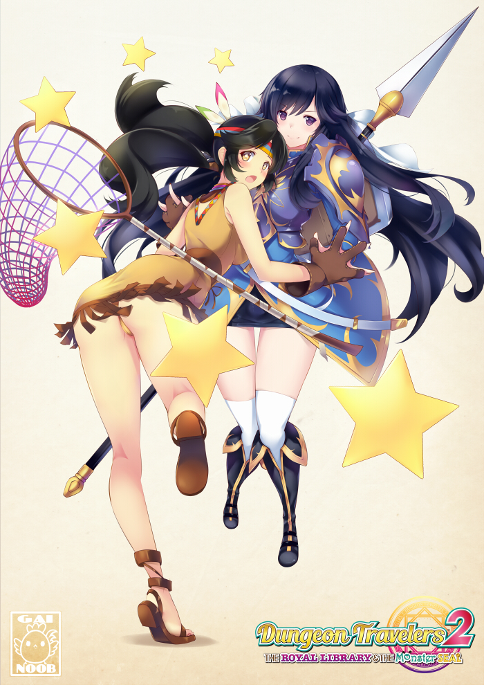 2girls armor artist_logo artist_name ass black_footwear black_hair blush boots brown_eyes brown_gloves character_request closed_mouth commentary commission copyright_name dress dungeon_travelers_2 english_commentary eyebrows_visible_through_hair full_body gainoob gloves hands_together headband interlocked_fingers kneepits long_hair multiple_girls net open_mouth panties purple_eyes purple_hair sandals skirt smile standing standing_on_one_leg star thigh_gap thighhighs twintails underwear weapon white_legwear yellow_dress yellow_panties