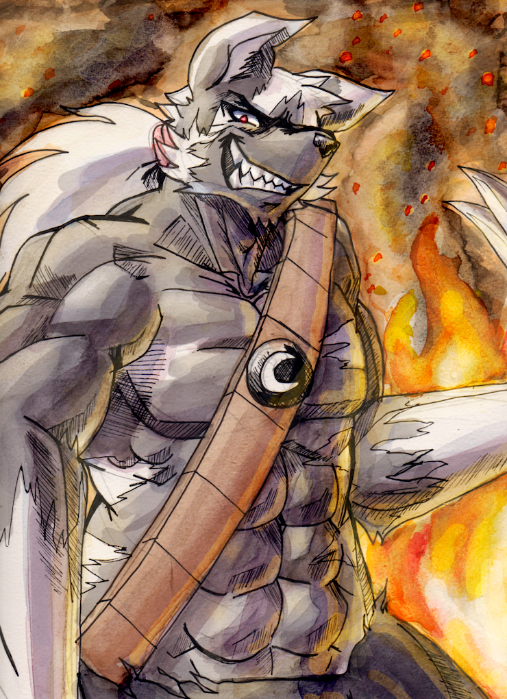 abs anthro biceps canid canine canis claws clothed clothing demon fire grin iratu_elexion looking_at_viewer male mammal manpersonguy mrease muscular muscular_male painting_(artwork) pecs slightly_damned smile solo traditional_media_(artwork) watercolor_(artwork) wolf