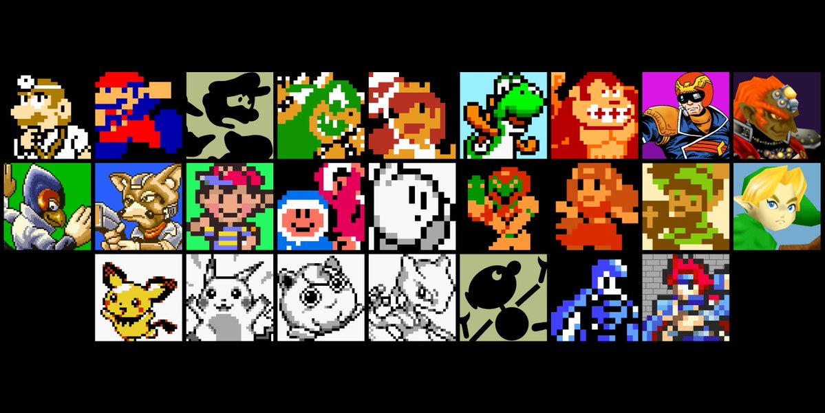 ape armor avian baseball_bat bat_(object) bird black_fur black_hair black_skin blonde_hair blue_feathers blue_hair blush bowser brown_hair canid canine captain_falcon digital_media_(artwork) dinosaur doctor donkey_kong_(character) donkey_kong_(series) dr._mario earthbound_(series) f-zero facial_hair falco_lombardi falcon falconid feathers female fire_emblem fox fox_mccloud fur game_&amp;_watch game_and_watch game_boy game_boy_family ganondorf green_skin gun hair helmet human ice_climber jigglypuff kirby kirby_(series) koopa legendary_pok&eacute;mon link long_hair luigi male mammal mario mario_bros marth metroid mewtwo monochrome mr._game_and_watch mustache nana_(ice_xlimber) ness nintendo nintendo_64 nintendo_entertainment_system ocarina_of_time parasol pichu pikachu pixel_(artwork) pok&eacute;mon pok&eacute;mon_(species) popo_(ice_climber) primate princess_zelda ranged_weapon red_hair reptile retro roy_(fire_emblem) samus_aran scalie sharp_teeth star_fox super_mario_world super_nintendo super_smash_bros teeth the_legend_of_zelda totototo0507 video_games weapon white_skin yellow_fur yoshi young_link