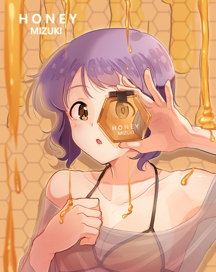 1girl arm_up bare_shoulders bikini_top blush breasts brown_eyes character_name cleavage collarbone eyebrows_visible_through_hair honey honeycomb_(pattern) idolmaster idolmaster_million_live! kamille_(vcx68) looking_at_viewer makabe_mizuki medium_breasts parted_lips purple_hair short_hair solo swimsuit upper_body yellow_bikini_top