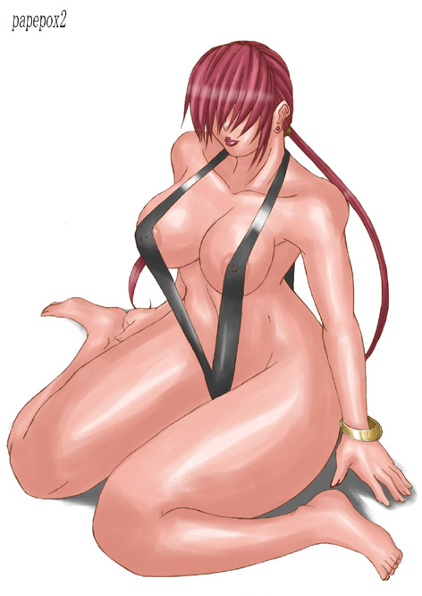 bikini bracelet breasts earrings female full_body hair_covering_eyes hair_over_eyes jewelry king_of_fighters large_breasts papepox2 shermie snk solo string_bikini swimsuit twintails white_background