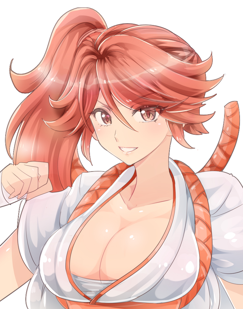 1041_(toshikazu) bandage bangs breasts budget_sarashi cleavage clenched_hand collarbone eyes_visible_through_hair japanese_clothes large_breasts miko red_eyes red_hair rope sakura_taisen sarashi shimenawa shinonome_hatsuho side_ponytail simple_background smile upper_body white_background