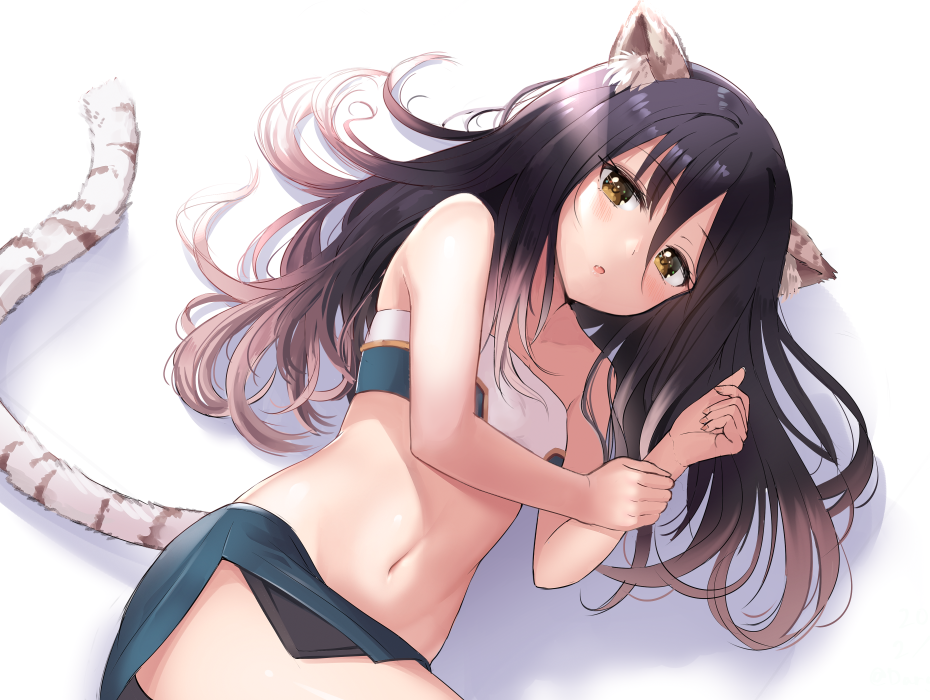 1girl :o animal_ear_fluff animal_ears bandeau bare_arms bare_shoulders black_hair blue_skirt blush dargo groin hair_between_eyes kashiwazaki_shiori long_hair looking_at_viewer lying midriff miniskirt navel on_side parted_lips princess_connect! princess_connect!_re:dive shadow side_slit simple_background skirt solo stomach tail white_background yellow_eyes