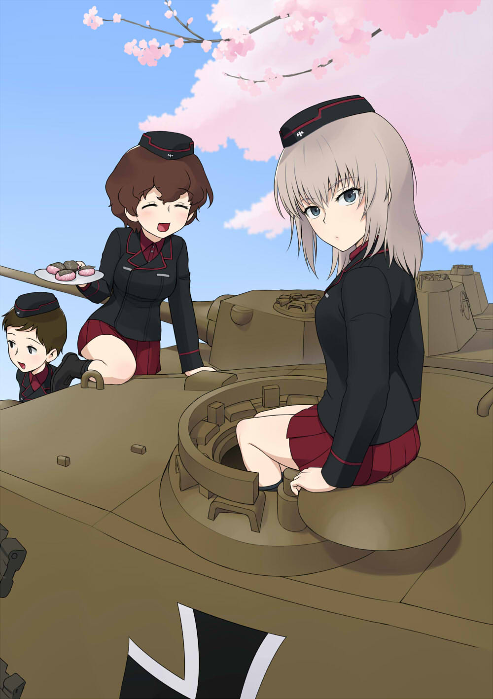 3girls :d akaboshi_koume arm_support black_footwear black_headwear black_jacket blue_eyes blue_sky boots brown_hair cherry_blossoms clear_sky commentary_request day dress_shirt emblem eyebrows_visible_through_hair food from_side garrison_cap girls_und_panzer ground_vehicle hanami hat head_tilt highres holding holding_plate insignia itsumi_erika jacket knee_up kneeling kuromorimine_(emblem) kuromorimine_military_uniform long_sleeves looking_at_viewer looking_back military military_hat military_uniform military_vehicle miniskirt motor_vehicle multiple_girls open_mouth outdoors partial_commentary plate pleated_skirt red_shirt red_skirt ritaiko_(girls_und_panzer) sakura_mochi shirt short_hair silver_hair sitting skirt sky smile tank tank_cupola tiger_ii tree uniform very_short_hair wagashi wata_do_chinkuru wavy_hair