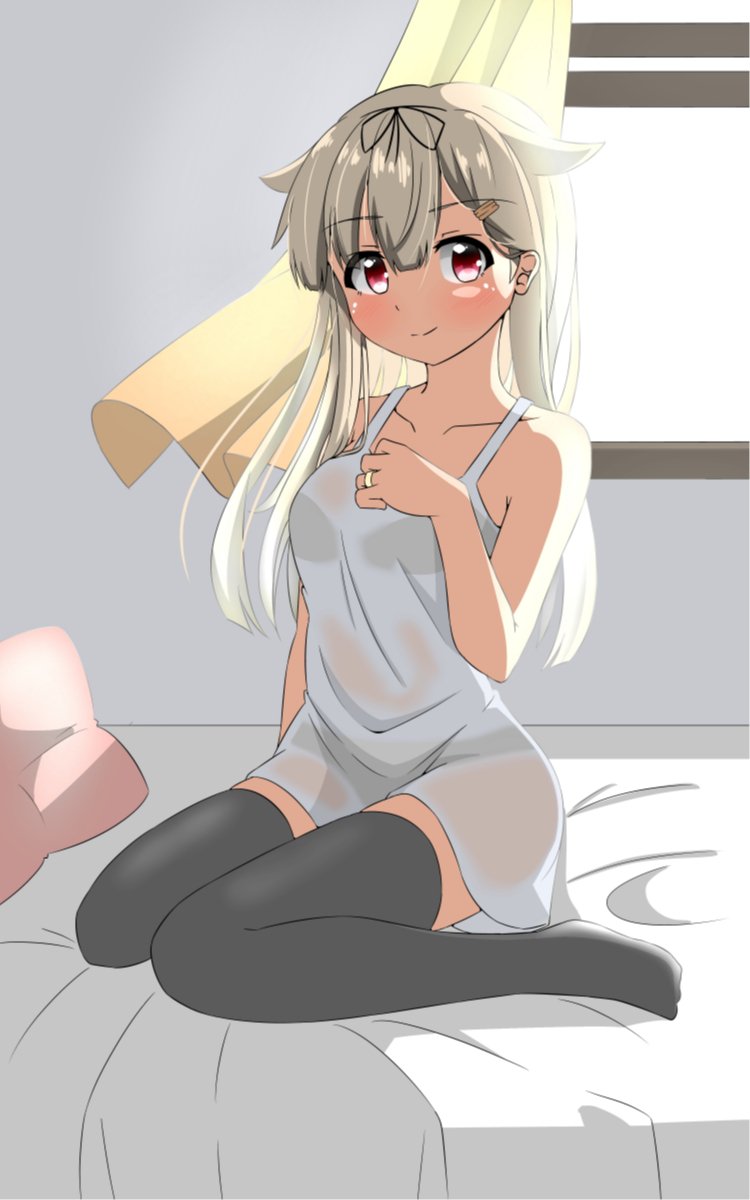 1girl alternate_costume bed black_legwear black_ribbon blonde_hair curtains dress full_body hair_flaps hair_ornament hair_ribbon hairclip highres kantai_collection long_hair looking_at_viewer on_bed pillow red_eyes remodel_(kantai_collection) ribbon sakuramai_(sakuramai_0525) sitting smile solo sundress thighhighs wariza white_dress window yuudachi_(kantai_collection)