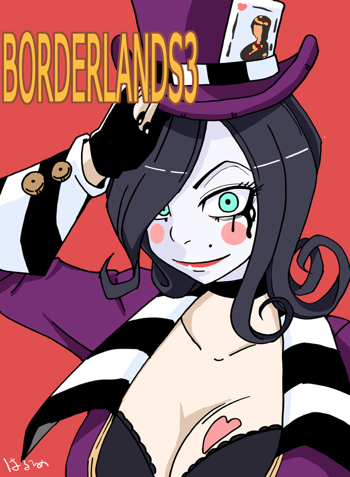1girl black_gloves borderlands borderlands_2 borderlands_3 breast_tattoo breasts brown_hair card choker cleavage female fingerless_gloves gloves hair_over_one_eye hat large_breasts lipstick looking_at_viewer mad_moxxi makeup mole short_hair smile solo tattoo top_hat