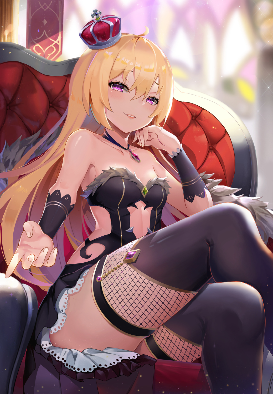 1girl ahoge bangs banner bare_shoulders black_dress black_legwear blonde_hair blurry blurry_background blush breasts center_opening collarbone commentary_request crown detached_sleeves dress fishnet_legwear fishnets fur-trimmed_dress hair_between_eyes hand_on_own_cheek highres l.bou legs_crossed long_hair long_sleeves looking_at_viewer original parted_lips pink_lips purple_eyes short_dress sitting small_breasts smile solo sparkle strapless strapless_dress thighhighs throne very_long_hair