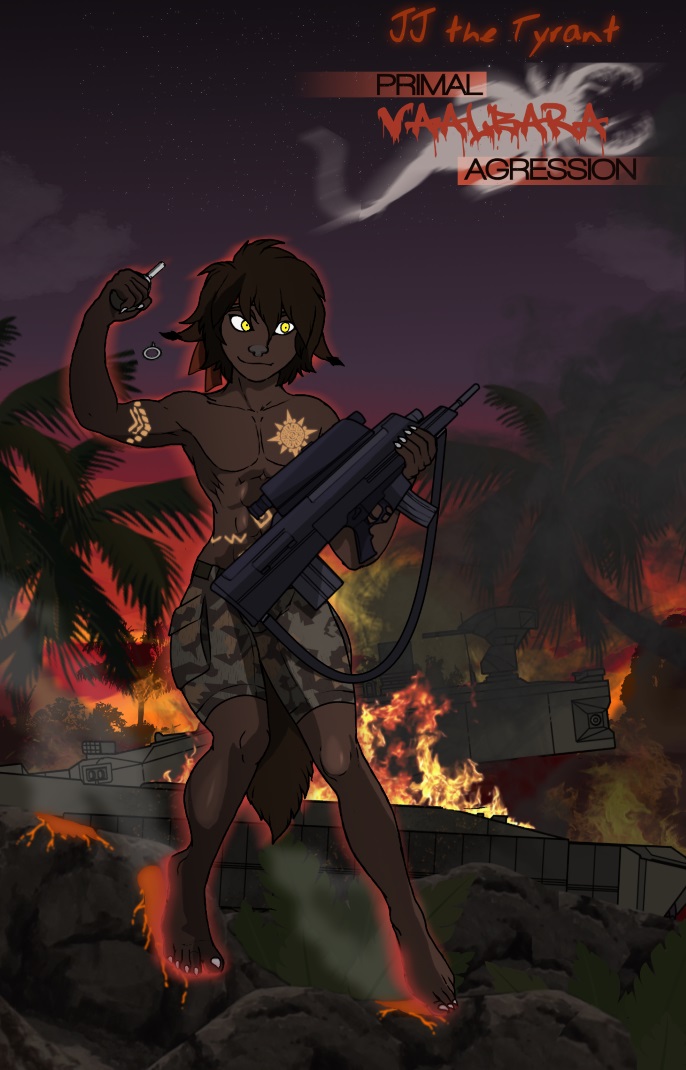 aleone animal_humanoid assault_rifle barefoot barefooter battle bodypaint camo clothed clothing explosives fire grenade gun humanoid jj jungle lava oicw ranged_weapon rifle tank topless vehicle war weapon xm29 yellow_eyes