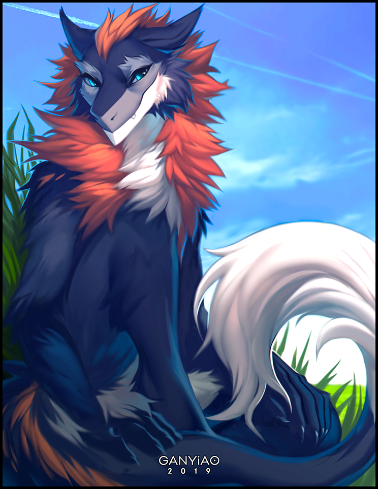 2019 anthro black_fur blue_eyes claws digital_media_(artwork) falvie fur grass mammal nude orange_fur outside painting sergal sky smile teeth