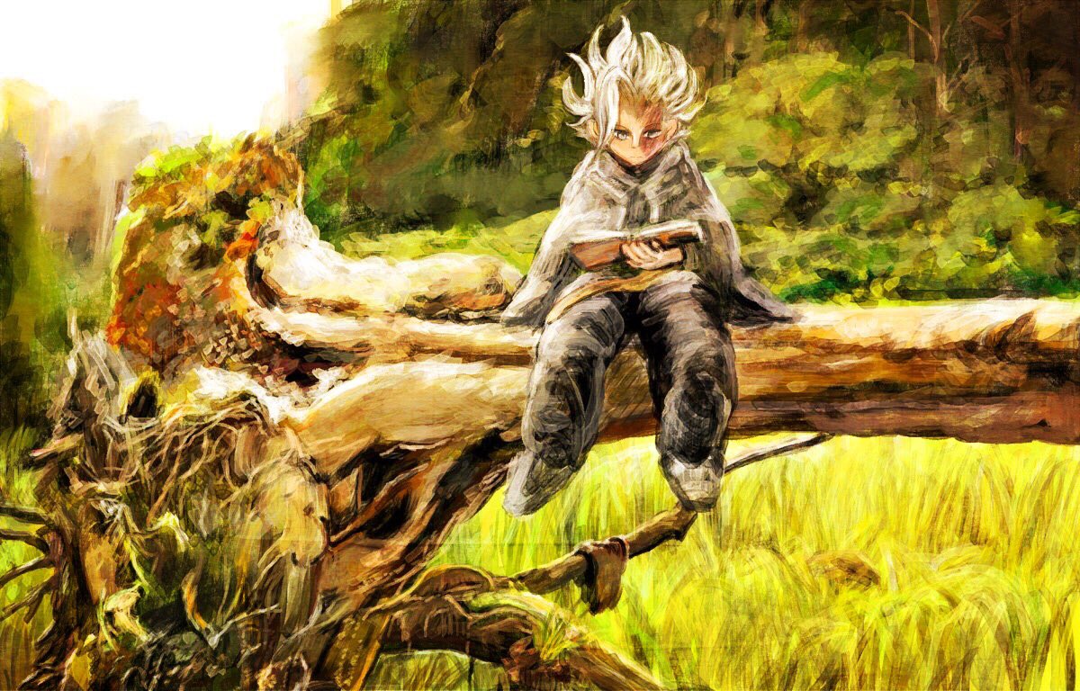 1boy belafu belafu_(human) book burn_scar cloak facial_scar fallen_tree full_body grey_eyes holding holding_book made_in_abyss male_focus nature outdoors pants pumichi reading scar sitting solo spiked_hair white_hair