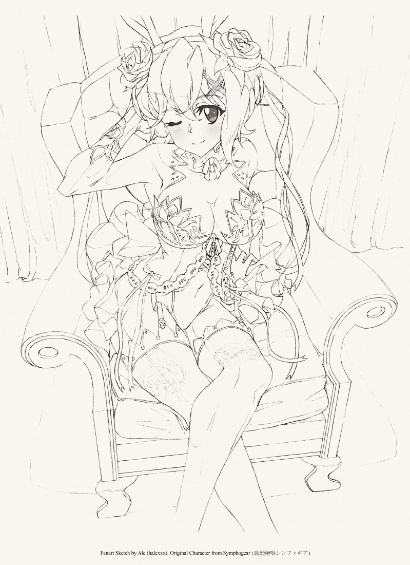 1girl akatsuki_kirika animal_ears blush breasts bridal_veil bunny_ears chair cleavage collarbone commentary covered_navel dress english_commentary english_text fake_animal_ears flower from_above garter_straps groin hair_flower hair_ornament hair_ribbon halexxx large_breasts legs_crossed looking_at_viewer one_eye_closed ribbon rose senki_zesshou_symphogear shiny shiny_hair short_hair sitting sketch smile solo thighhighs veil wedding_dress x_hair_ornament