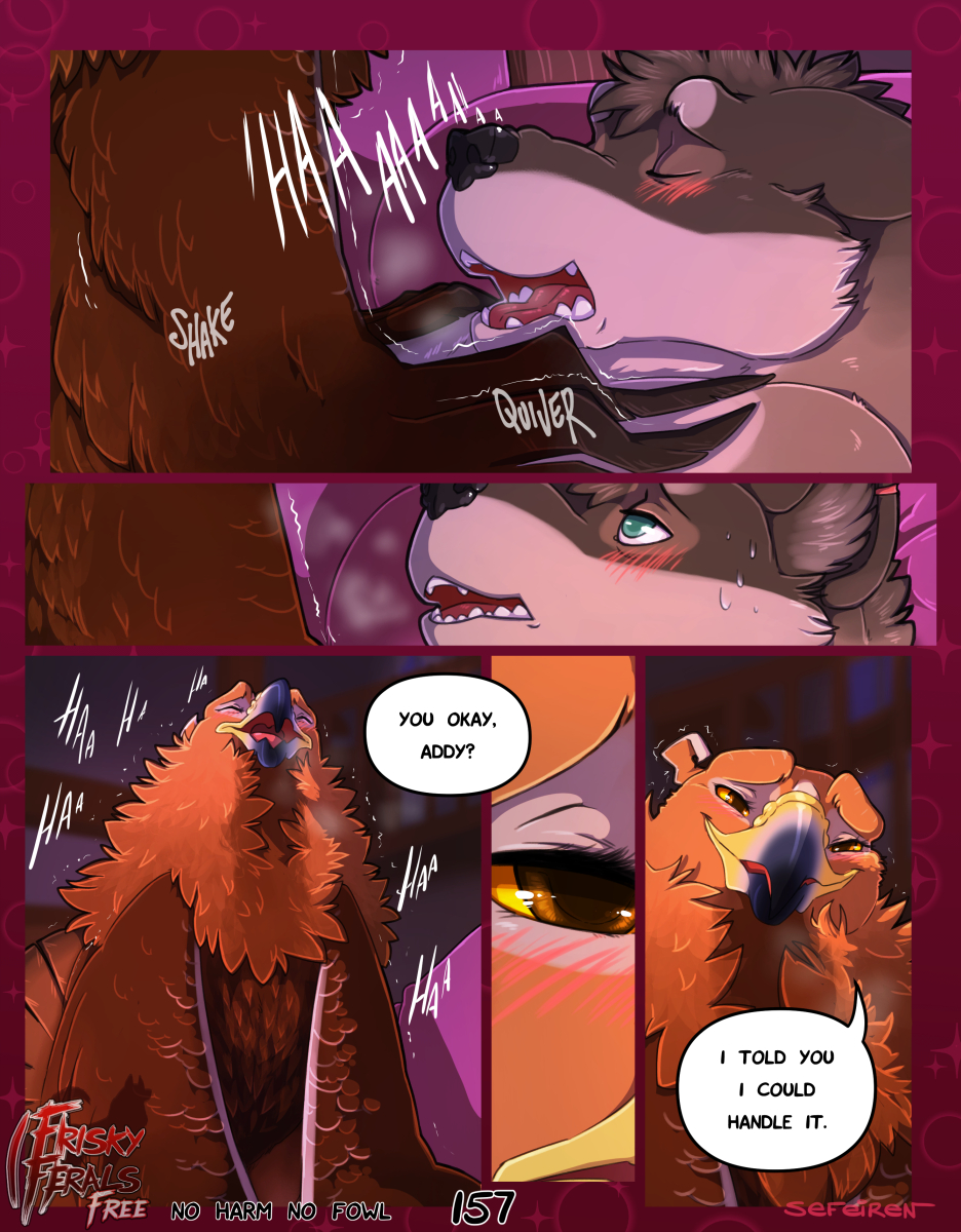 accipitrid accipitriform addison_(frisky_ferals) anthro anthro_on_feral avian beak bestiality bird blush breath brown_eyes brown_feathers canid canine canis close-up comic conditional_dnp couple_(disambiguation) devon_(frisky_ferals) dialogue digital_media_(artwork) duo eagle english_text eyes_closed feathers female female_on_top feral frisky_ferals fur golden_eagle green_eyes grey_fur head_tuft hi_res inside lying male male_on_feral mammal no_harm_no_fowl on_back on_top open_mouth orange_sclera panting scar sefeiren sex shaking size_difference speech_bubble sweat sweatdrop text tongue trembling true_eagle wings wolf
