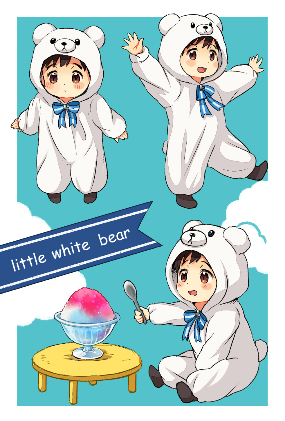 1boy animal_costume bear_costume black_hair bow brown_eyes child english_text highres katsuki_yuuri male_focus shaved_ice sitting spoon standing standing_on_one_leg table twc_(p-towaco) younger yuri!!!_on_ice