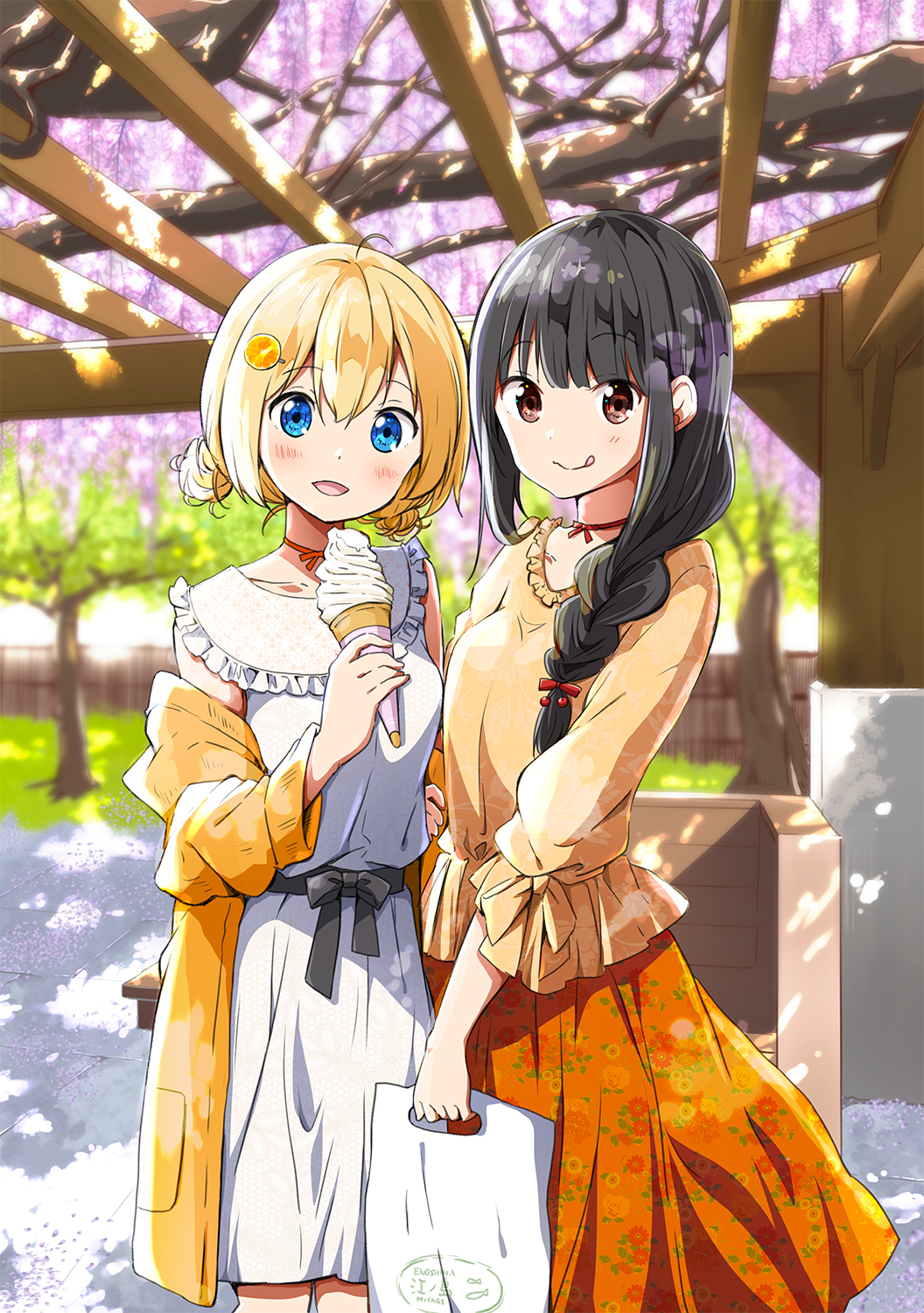 2girls :d :p ahoge bag beige_blouse black_hair blonde_hair blouse blue_eyes brown_eyes chijou_noko chikanoko dress eyebrows_visible_through_hair flower food hair_between_eyes highres holding holding_bag holding_food ice_cream long_hair long_skirt looking_at_viewer multiple_girls off_shoulder open_mouth orange_skirt original outdoors ragho_no_erika shopping_bag skirt smile tongue tongue_out tree twintails uchino_chika white_dress wisteria