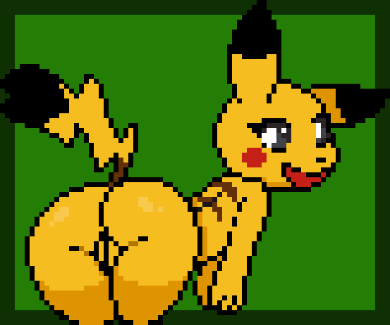 2019 3_fingers bent_over blush_sticker butt cleft_tail digital_media_(artwork) female imactuallygarbage looking_back nintendo open_mouth pikachu pixel_(artwork) pok&eacute;mon pok&eacute;mon_(species) pok&eacute;morph presenting presenting_hindquarters presenting_pussy pussy raised_tail simple_background smile solo video_games