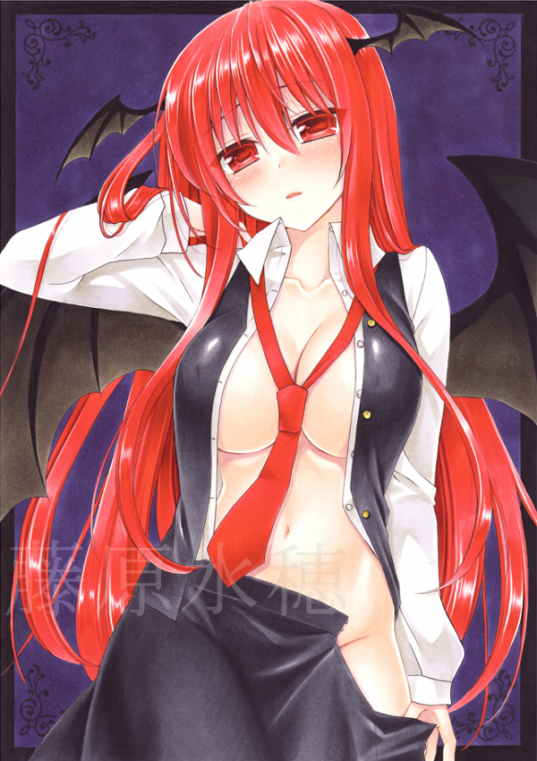 1girl black_skirt black_wings blush breasts collarbone collared_shirt dress_shirt erect_nipples fujiwara_minaho hair_between_eyes head_wings koakuma large_breasts long_hair looking_at_viewer marker_(medium) navel necktie no_panties open_clothes open_shirt open_skirt parted_lips purple_background red_eyes red_hair red_neckwear shiny shiny_hair shirt skirt solo standing touhou traditional_media unbuttoned unbuttoned_shirt very_long_hair white_shirt wing_collar wings