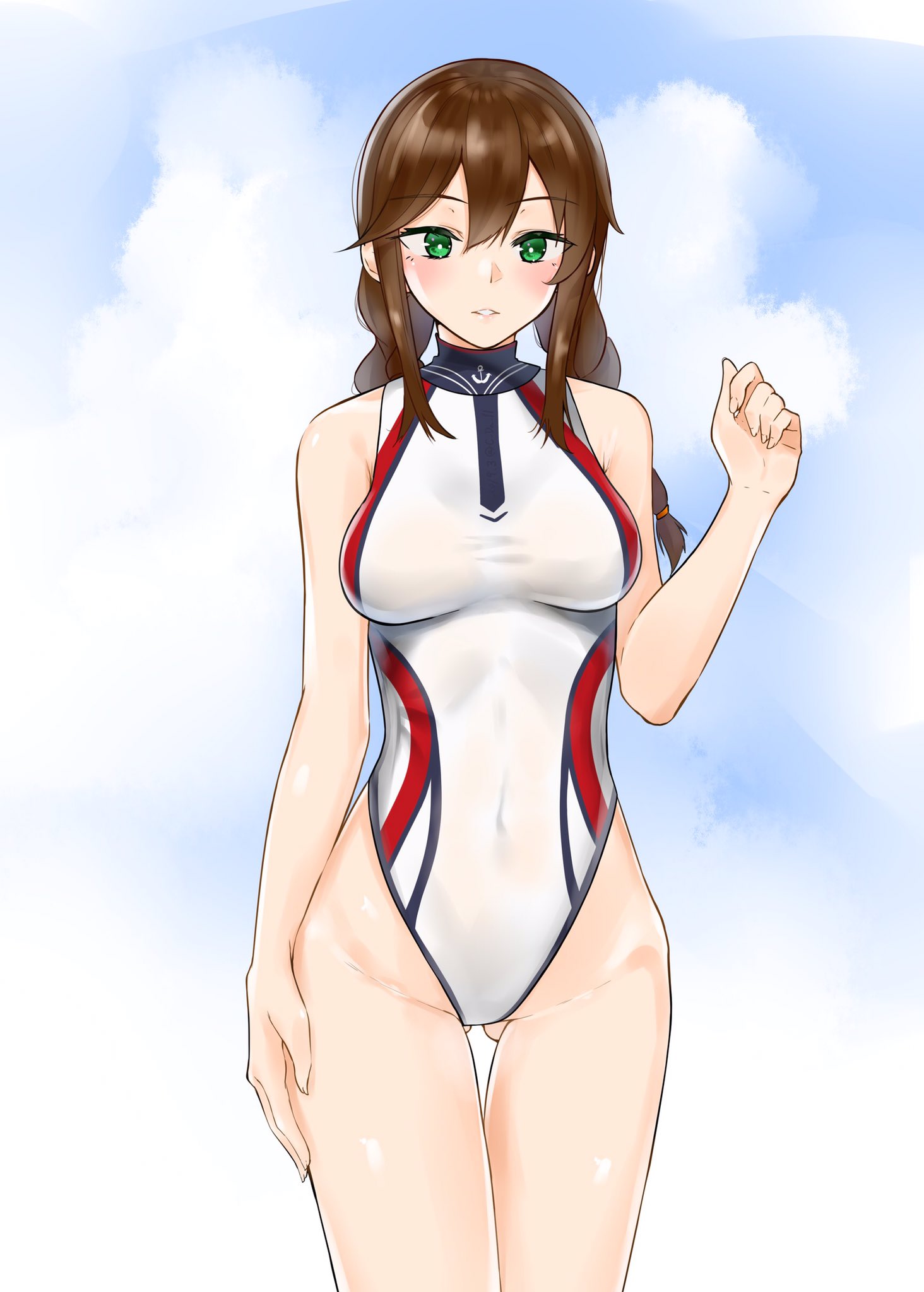 1girl adapted_costume bangs blue_eyes braid breasts brown_hair c-da competition_swimsuit covered_navel cowboy_shot gluteal_fold green_eyes highleg highleg_swimsuit highres kantai_collection medium_breasts noshiro_(kantai_collection) one-piece_swimsuit parted_lips solo standing swept_bangs swimsuit thigh_gap turtleneck twin_braids white_swimsuit