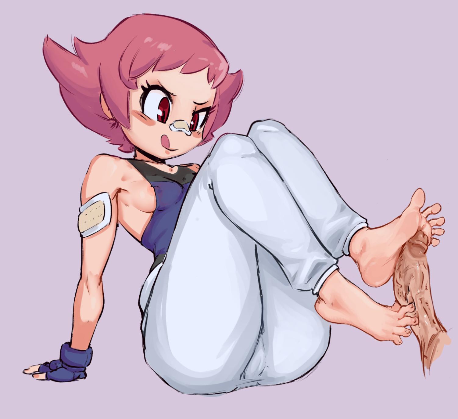 1girl bard-bot barefoot breasts creatures_(company) eyebrows feet footjob game_freak gloves highres nintendo pants penis pink_hair pokemon pokemon_(game) pokemon_dppt red_eyes shirt simple_background soles sumomo_(pokemon) toes tongue