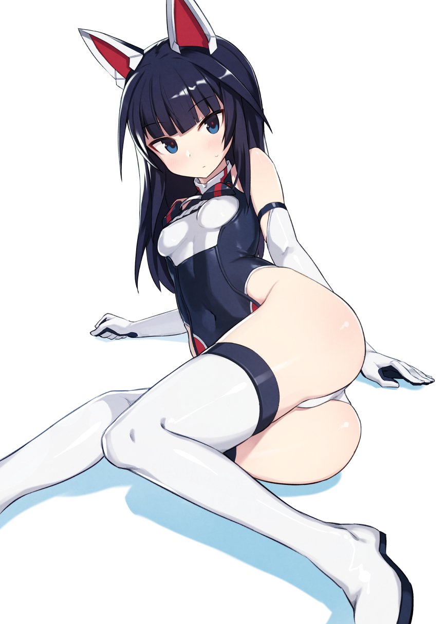 1girl agatsuma_kaede alice_gear_aegis animal_ears ass black_hair blue_eyes boots breasts commentary covered_navel elbow_gloves erect_nipples eyebrows_visible_through_hair fake_animal_ears gloves highleg highleg_leotard highres kylin leotard long_hair lying on_side small_breasts solo sweatdrop thigh_boots thighhighs white_footwear white_gloves