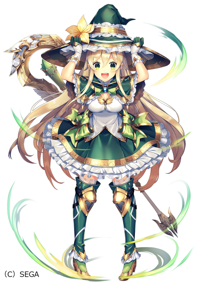 1girl adjusting_clothes adjusting_hat bow breasts company_name flower frilled_skirt frills full_body gloves gold_trim green_bow green_eyes green_gloves green_headwear green_legwear green_neckwear green_skirt hands_up hat hat_flower idola_phantasy_star_saga long_hair looking_at_viewer medium_breasts mizumori_(xcllcx) official_art short_sleeves simple_background skirt solo staff standing thighhighs very_long_hair white_background wizard_hat yellow_footwear