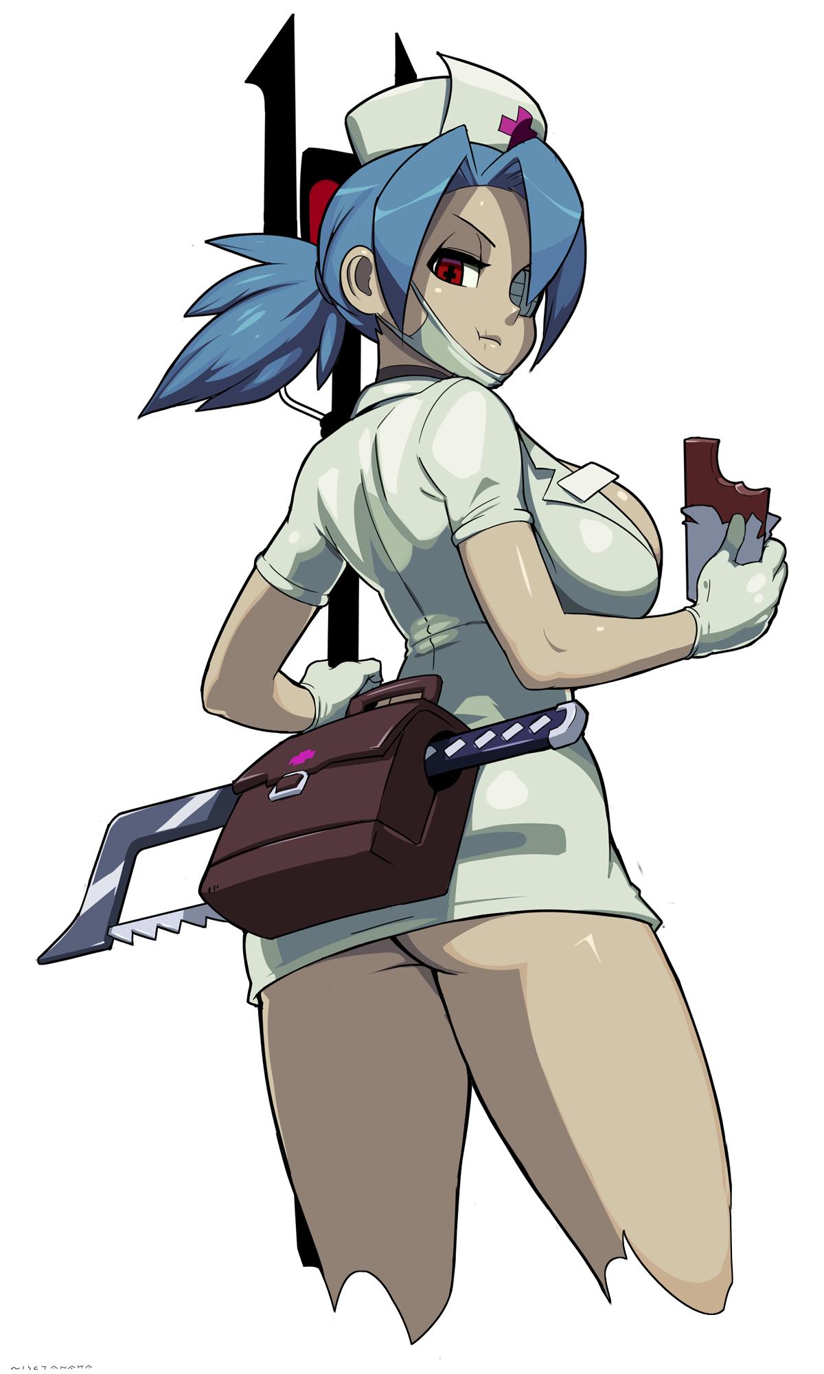 +_+ 1girl ass blue_hair breasts chocolate_bar cowboy_shot dress from_behind gloves hat highres huge_breasts long_hair looking_at_viewer looking_back nisetanaka nurse nurse_cap ponytail red_cross red_eyes saw scar shiny shiny_hair shiny_skin short_dress simple_background skullgirls solo standing surgical_mask valentine_(skullgirls) white_background white_gloves