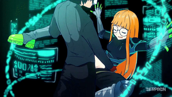amamiya_ren animated animated_gif arms_spread black_hair derpixon digital eyebrows_visible_through_hair female glasses gloves male male/female mask orange_hair persona persona_5 pussy pussy_juice ripped_clothing sakura_futaba sex spread_legs technology thrusting vagina video_games worried