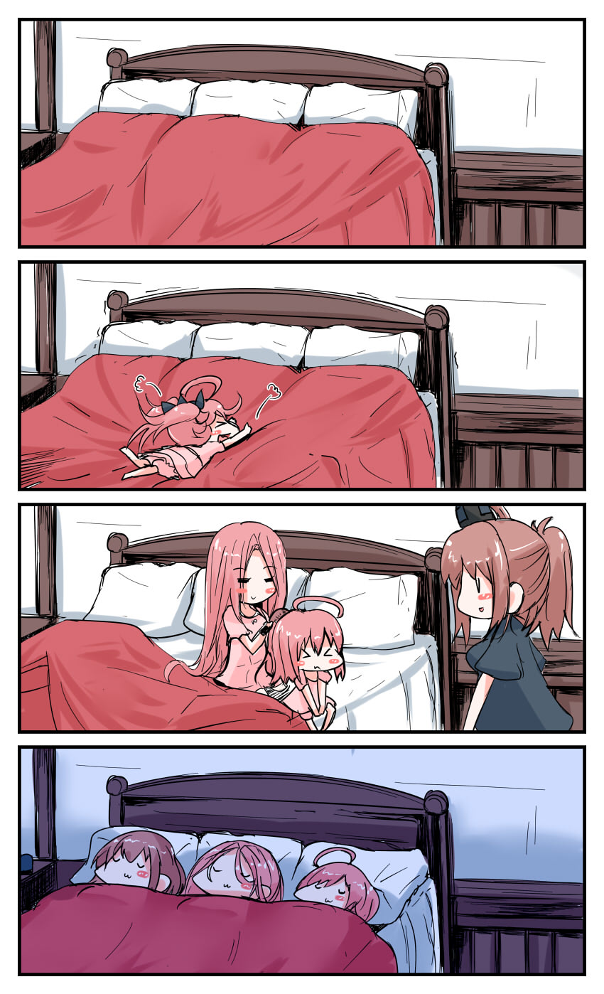 &gt;_&lt; 3girls 4koma :3 ahoge azur_lane bangs bed black_headwear black_shirt bloomers blush_stickers brown_hair brushing_another's_hair closed_mouth comic commentary_request crossover eyebrows_visible_through_hair eyes_closed forehead hair_brush hat highres indoors kantai_collection lexington_(azur_lane) long_hair lying mini_hat multiple_girls namesake on_back on_bed on_stomach parted_bangs pillow pink_bloomers pink_hair pink_shirt ponytail profile saratoga_(azur_lane) saratoga_(kantai_collection) shirt short_sleeves sleeping under_covers underwear very_long_hair yagami_kamiya