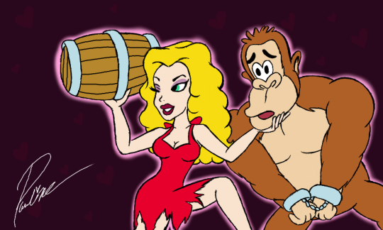 1girl barrel blond blonde_hair blue_eyes breasts cleavage cranky_kong donkey_kong donkey_kong_(game) donkey_kong_(series) dress eyeshadow grin hand_on_mouth handcuff legs lipstick makeup monkey nervous nintendo pauline red_dress smile torn_clothes torn_dress wink