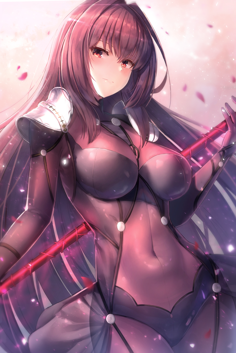 1girl aura bangs blurry blurry_background blush bodysuit breasts confetti covered_navel cowboy_shot curvy eyebrows_visible_through_hair fate/grand_order fate_(series) gae_bolg hair_between_eyes highres holding holding_spear holding_weapon large_breasts long_hair looking_at_viewer motokonut pauldrons petals polearm purple_bodysuit purple_hair red_eyes scathach_(fate)_(all) scathach_(fate/grand_order) sidelocks smile solo spear very_long_hair weapon