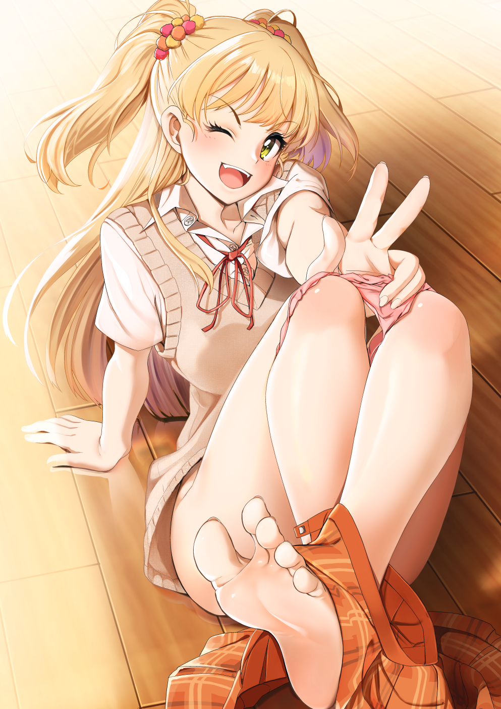 1girl arm_support bare_legs barefoot blonde_hair brown_vest casino_(casinoep) collared_shirt commentary_request convenient_leg eyebrows_visible_through_hair fang feet green_eyes hair_ornament highres idolmaster idolmaster_cinderella_girls jougasaki_rika knees_up legs_crossed long_hair looking_at_viewer on_floor one_eye_closed open_mouth orange_skirt panties panty_pull pink_panties pleated_skirt red_ribbon ribbon school_uniform shirt short_sleeves sitting skirt skirt_around_one_leg soles solo toes two_side_up underwear v vest white_shirt wooden_floor
