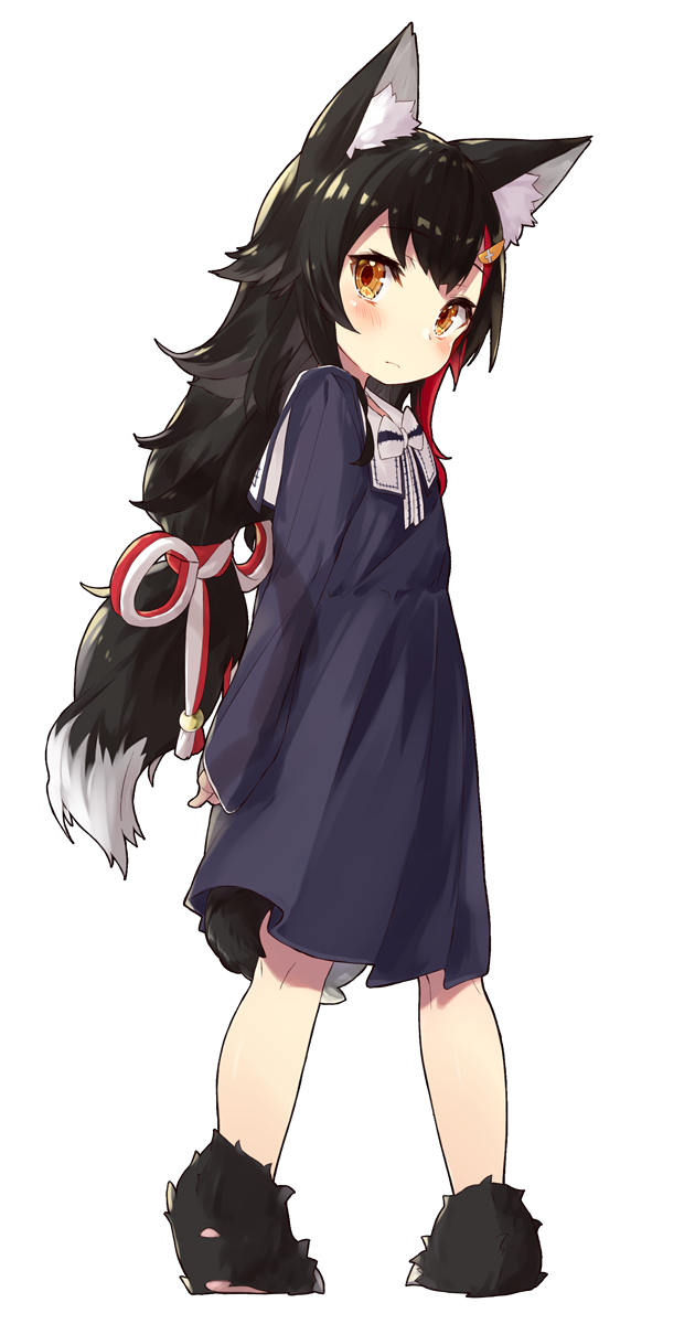 1girl animal_ears black_dress black_hair dress expressionless full_body highres hololive long_hair long_sleeves multicolored_hair nuko_miruku ookami_mio orange_eyes paw_shoes red_hair rope shoes simple_background streaked_hair tail tied_hair virtual_youtuber white_background white_hair wolf_ears wolf_tail