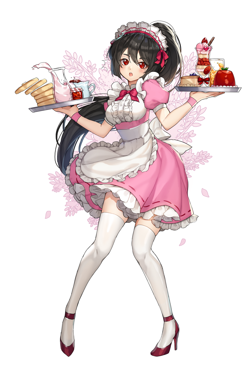 1girl apron black_hair bow cake dessert dress food frilled_dress frills full_body glass high_heels highres holding holding_tray jam long_hair looking_at_viewer maid open_mouth original pancake parfait pink_dress pink_wristband ponytail puffy_short_sleeves puffy_sleeves red_bow red_eyes risem short_sleeves simple_background slice_of_cake standing thighhighs tray very_long_hair waitress white_background white_legwear wristband