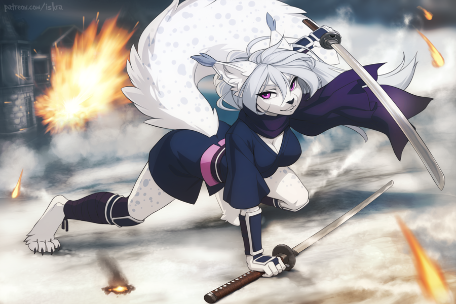 2019 5_fingers anthro breasts clothed clothing detailed_background digital_media_(artwork) domestic_cat felid feline felis female fur grey_hair hair holding_object holding_weapon iskra mammal melee_weapon purple_eyes smile solo sword weapon white_fur