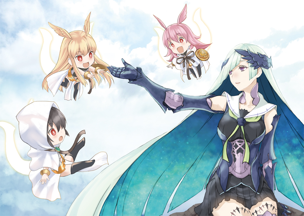 aqua_hair black_hair blonde_hair breasts brynhildr_(fate) chibi fate/grand_order fate_(series) flying gauntlets head_wings headpiece hildr_(fate/grand_order) hood kotanu_(kotanukiya) long_hair medium_breasts miniskirt open_mouth ortlinde_(fate/grand_order) pink_hair pleated_skirt purple_eyes red_eyes shield skirt smile thrud_(fate/grand_order) valkyrie_(fate/grand_order) very_long_hair wrist_cuffs