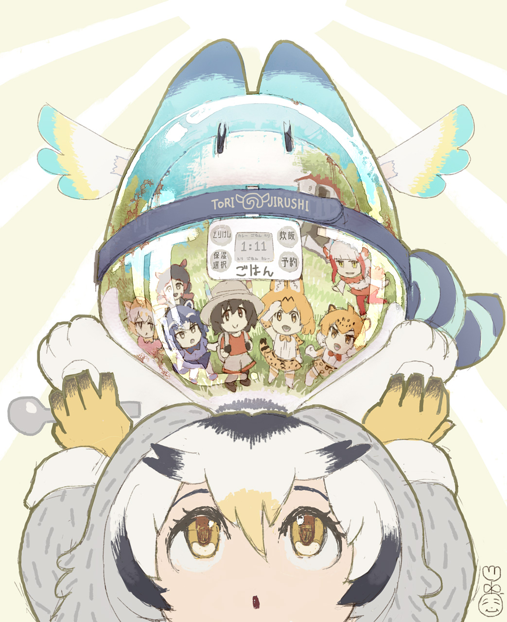 6+girls animal_ears backpack bag black_footwear black_hair blonde_hair blue_footwear blue_hair bow bowtie catcar0983 common_raccoon_(kemono_friends) fennec_(kemono_friends) gloves grey_headwear grey_shorts hair_between_eyes hand_up hat_feather head_wings highres hippopotamus_(kemono_friends) hippopotamus_ears holding jaguar_(kemono_friends) jaguar_ears jaguar_print japanese_crested_ibis_(kemono_friends) kaban_(kemono_friends) kemono_friends long_sleeves looking_at_viewer looking_up lucky_beast_(kemono_friends) multicolored_hair multiple_girls no_nose northern_white-faced_owl_(kemono_friends) open_mouth raccoon_ears red_eyes red_hair red_legwear red_neckwear red_shirt serval_(kemono_friends) serval_ears serval_print serval_tail shirt shoes short_hair short_sleeves shorts smile spoon tail two-tone_hair white_hair yellow_eyes yellow_gloves